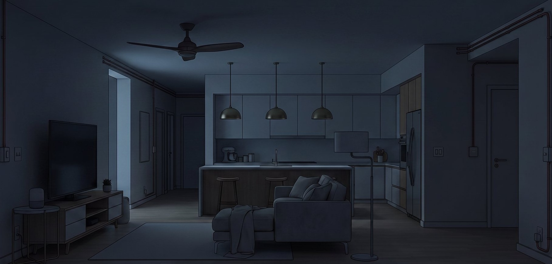 A quiet, unpowered modern home interior at night