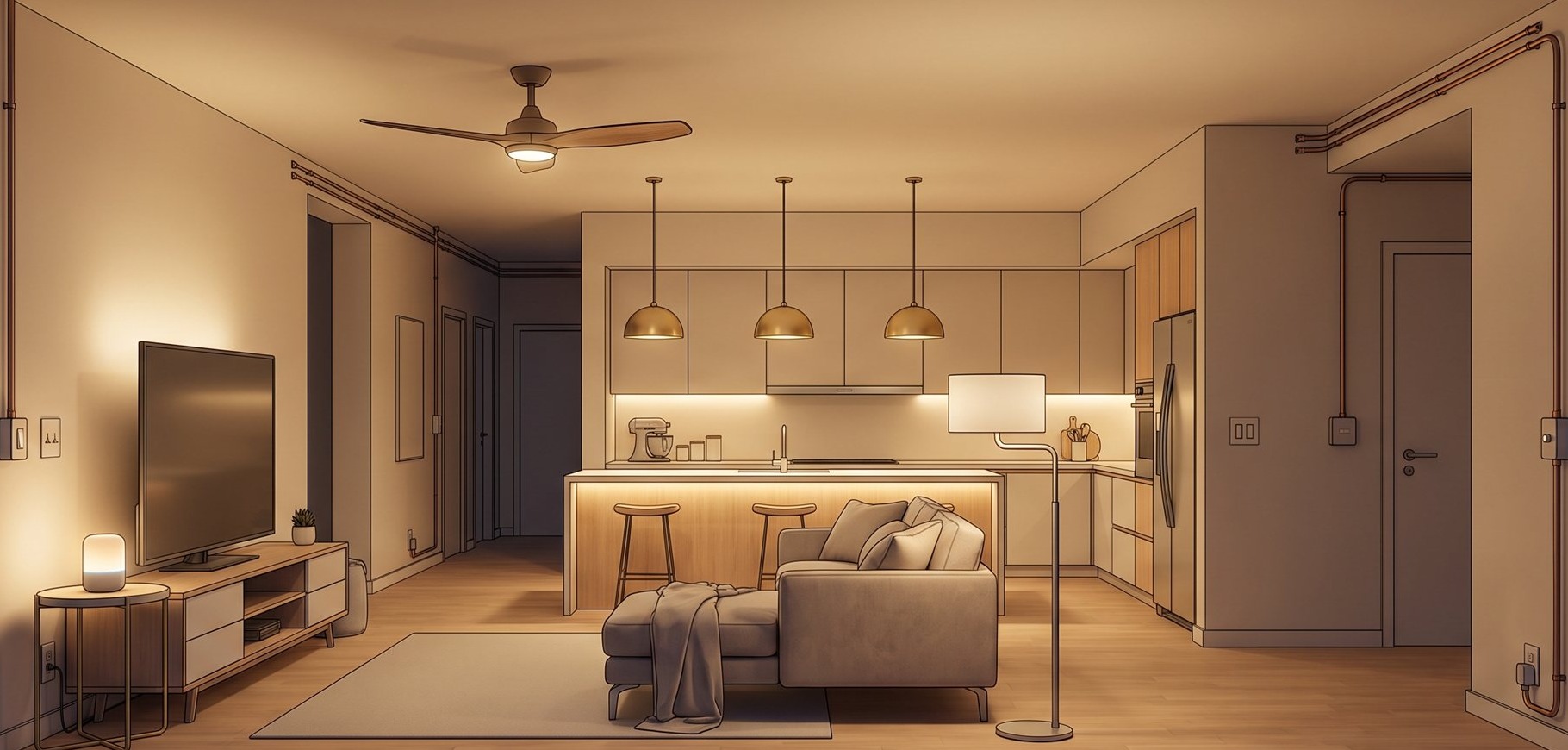 The same home fully powered — warm lights, ceiling fan and appliances alive