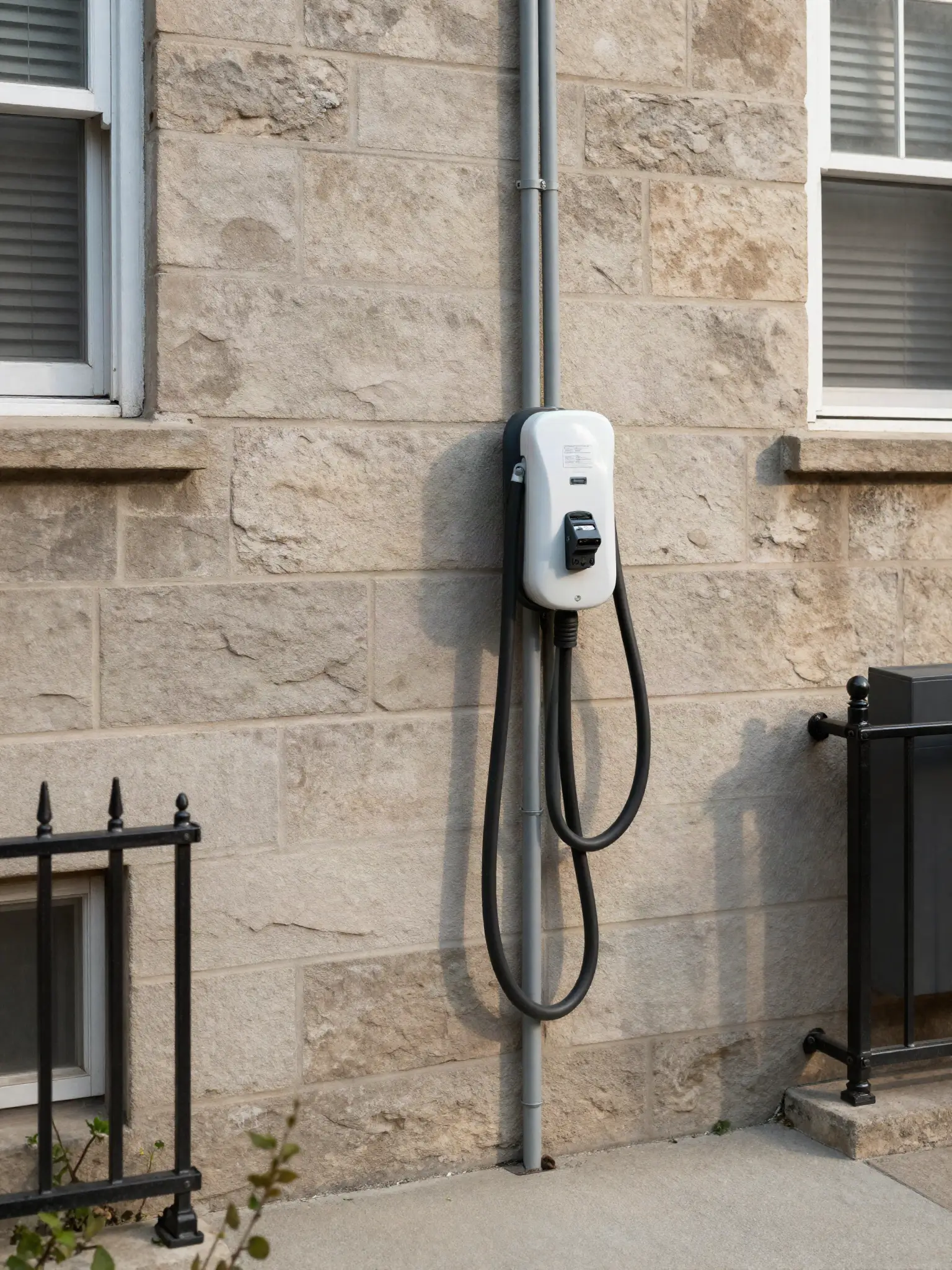 Wall-mounted home EV charger installed on the stone exterior of a Philadelphia twin, conduit run to a disconnect
