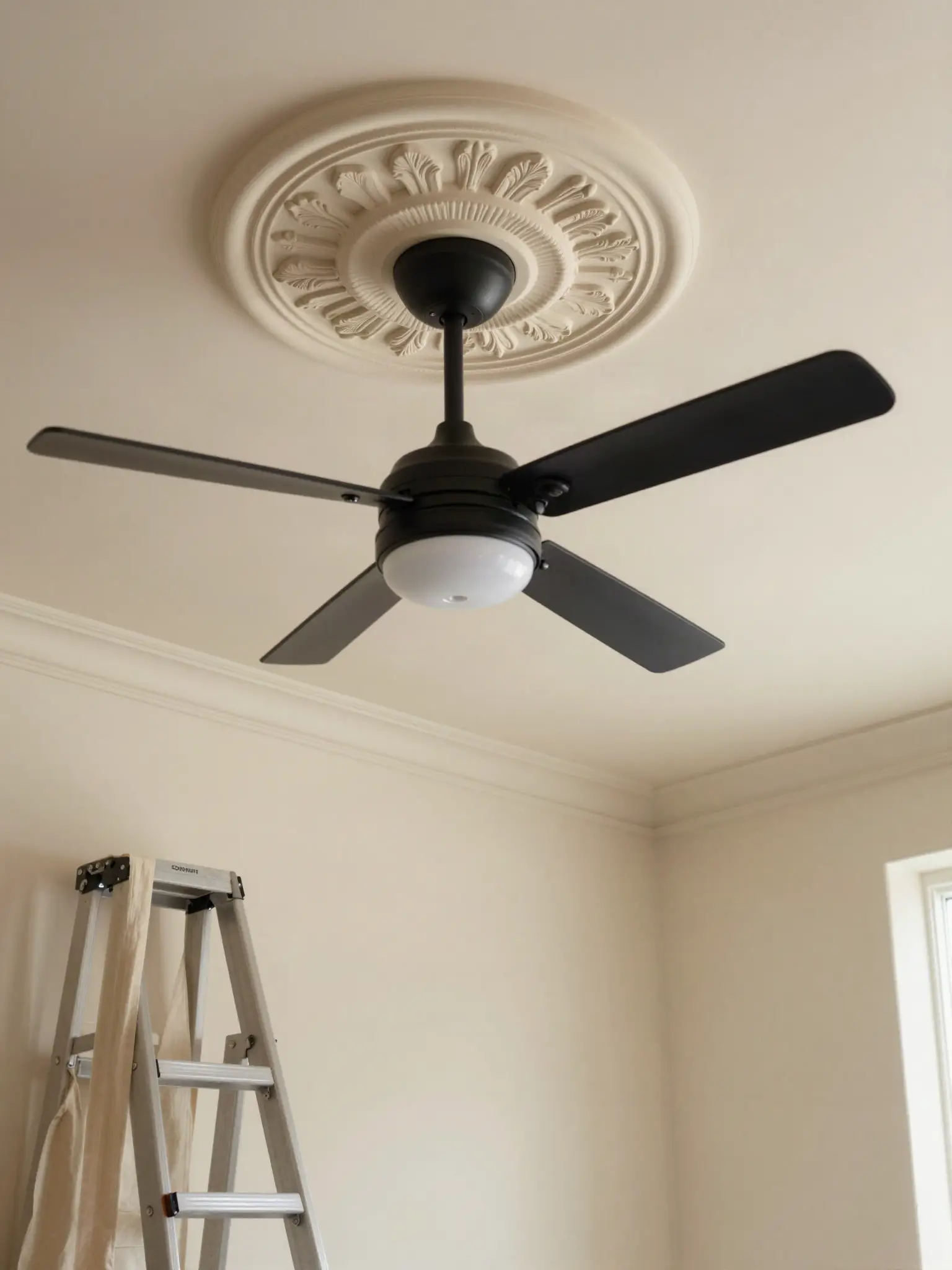 Modern black ceiling fan newly installed on a decorative plaster ceiling medallion, step ladder beneath