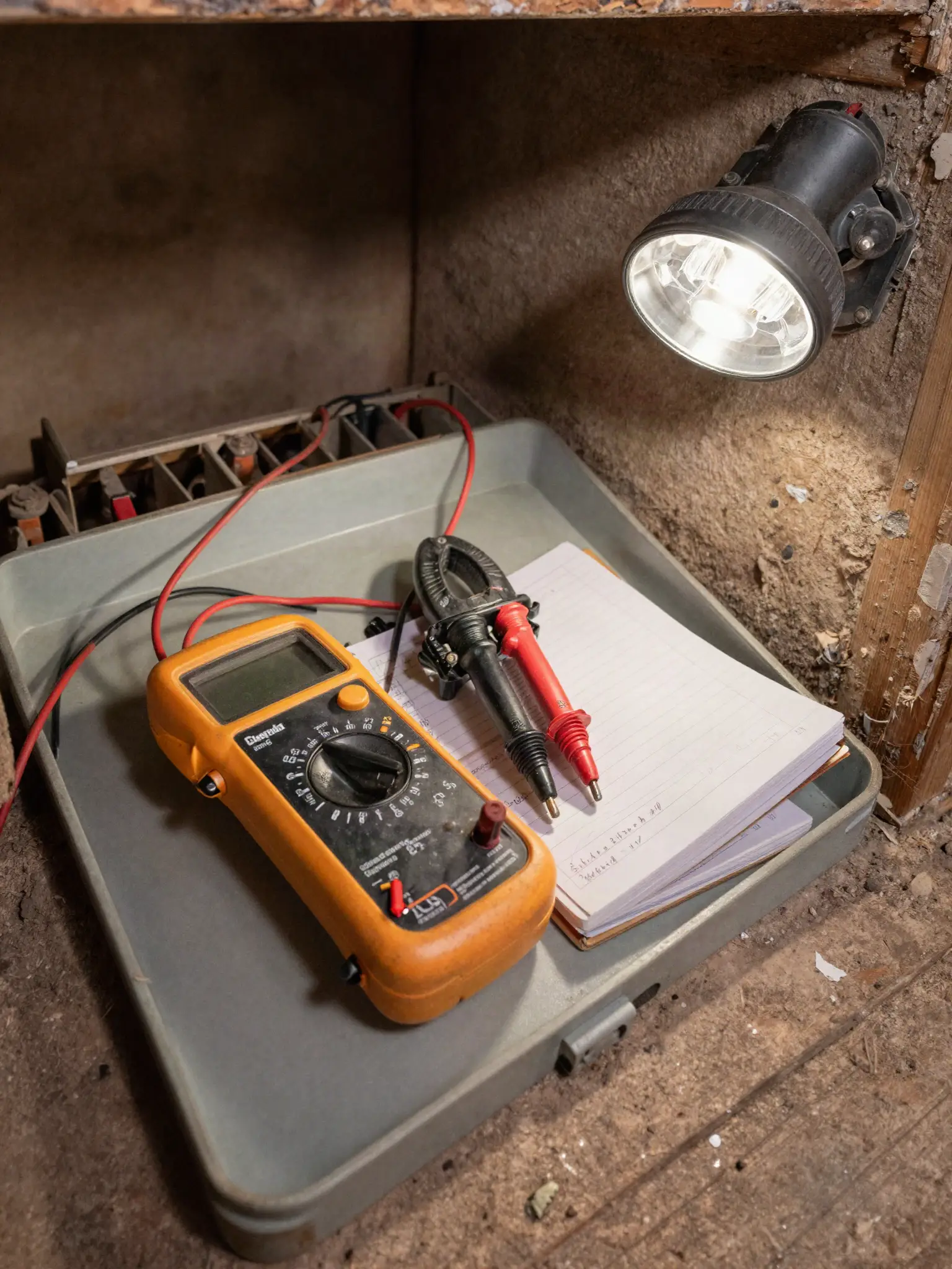 Multimeter and clamp meter on an opened junction box in a basement, test leads connected, notebook of readings