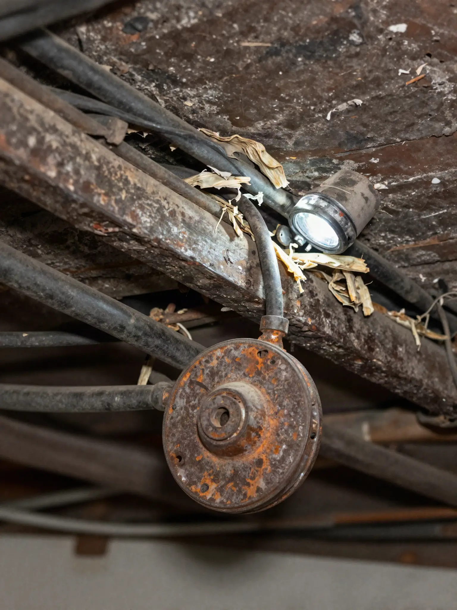 Deteriorating cloth-covered wiring and a rusted 1920s fuse holder in a dark basement, lit by a flashlight