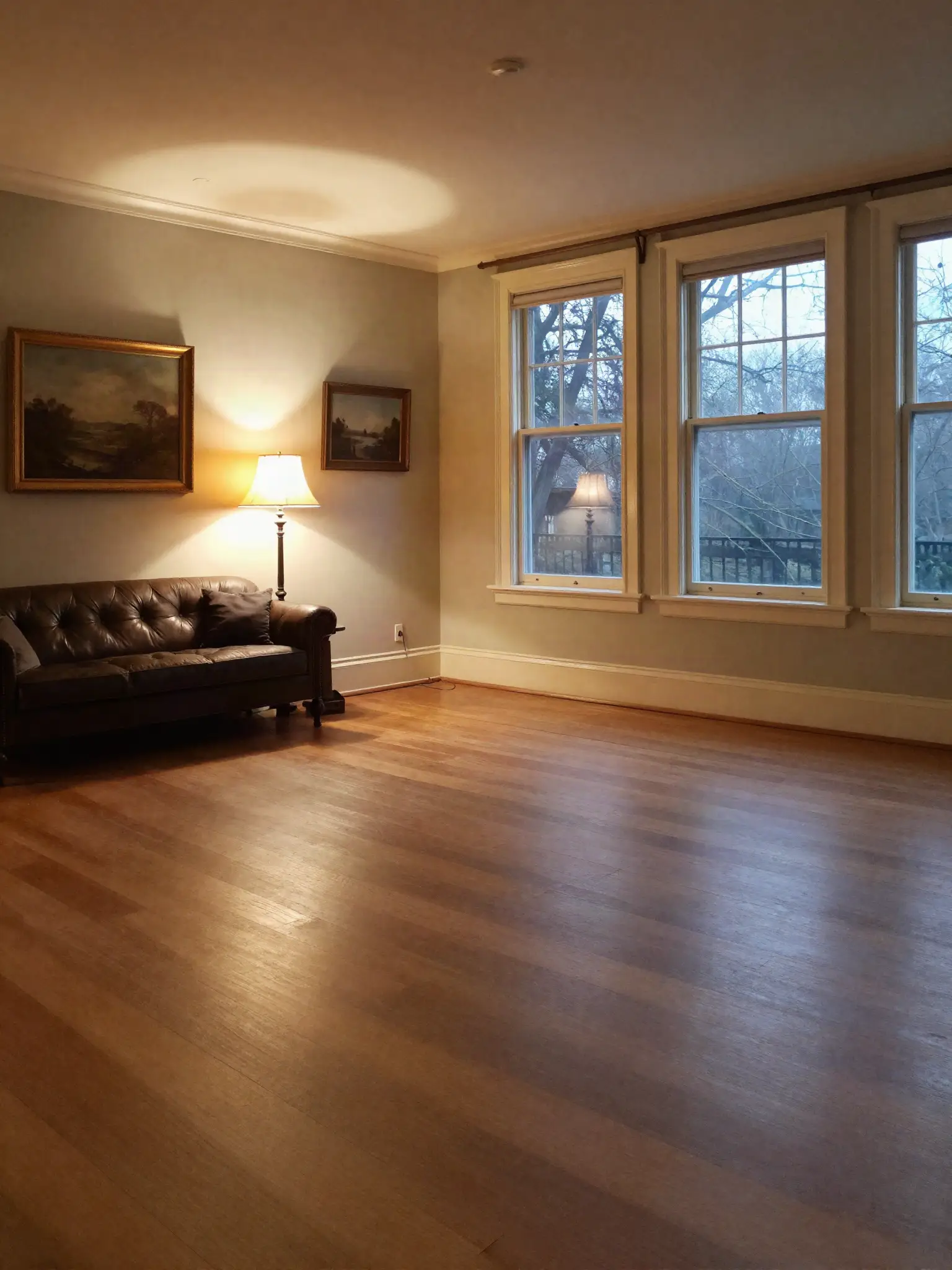 Restored Victorian living room lit in warm layers at dusk, with recessed lights, a picture light and a table lamp