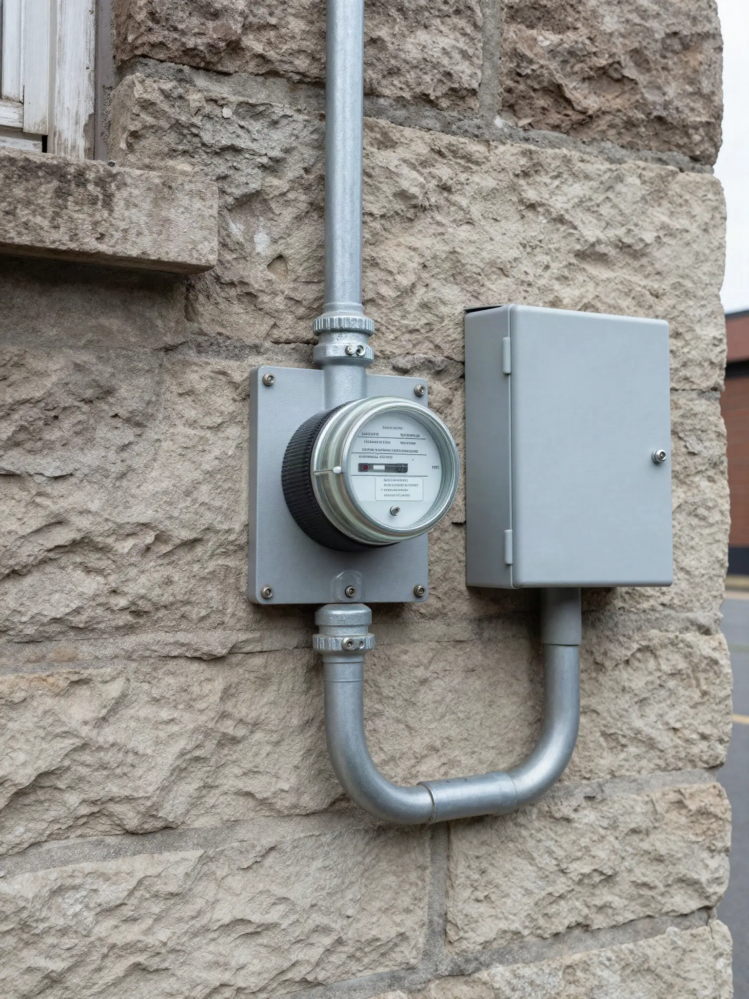 Exterior electrical service entrance on a Philadelphia stone house: utility meter, conduit riser and disconnect