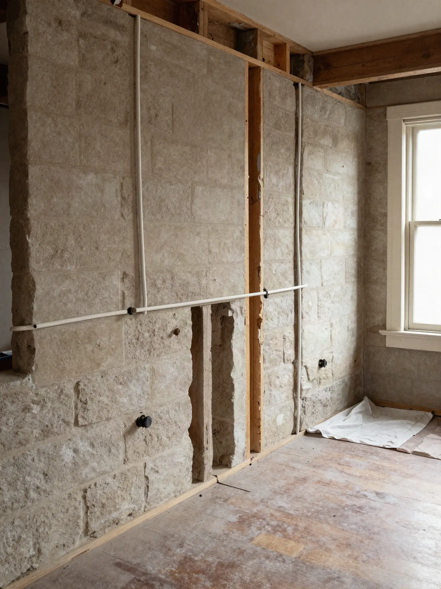 Plaster wall opened to the studs during a rewire, old knob-and-tube removed and new cable run through drilled studs